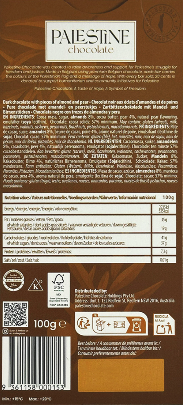 57% Dark Chocolate with Pear & Almonds 100g