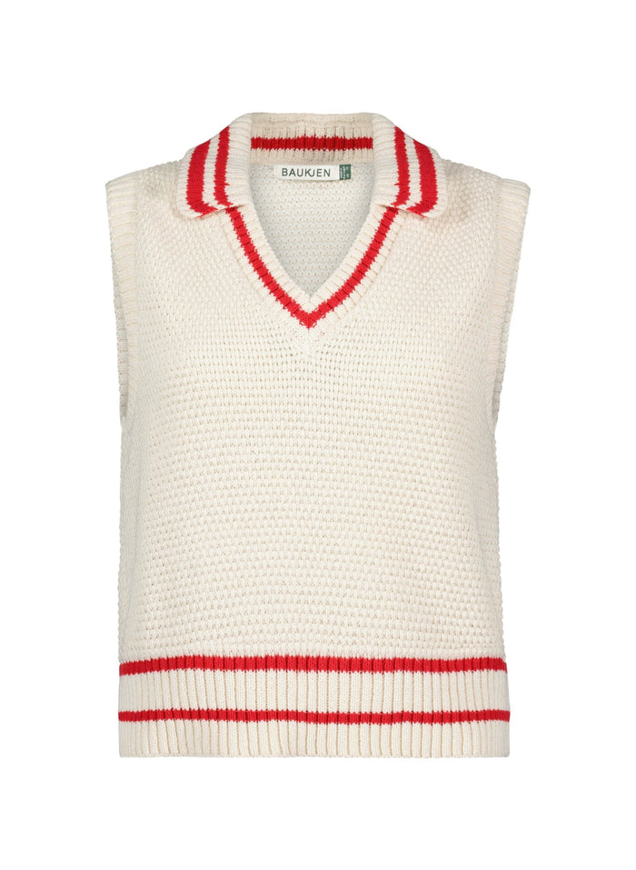 Agnes Ecotec Knitted Vest - Cream & Crimson Baukjen