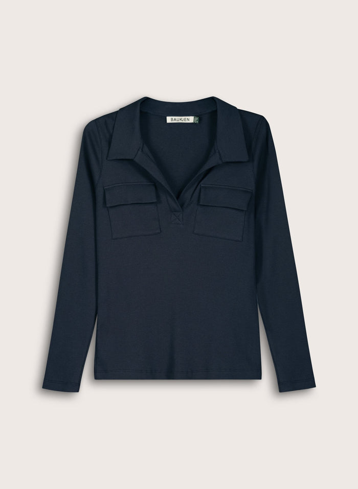 Allie Organic Cotton Rib Collar Top - Classic Navy Baukjen