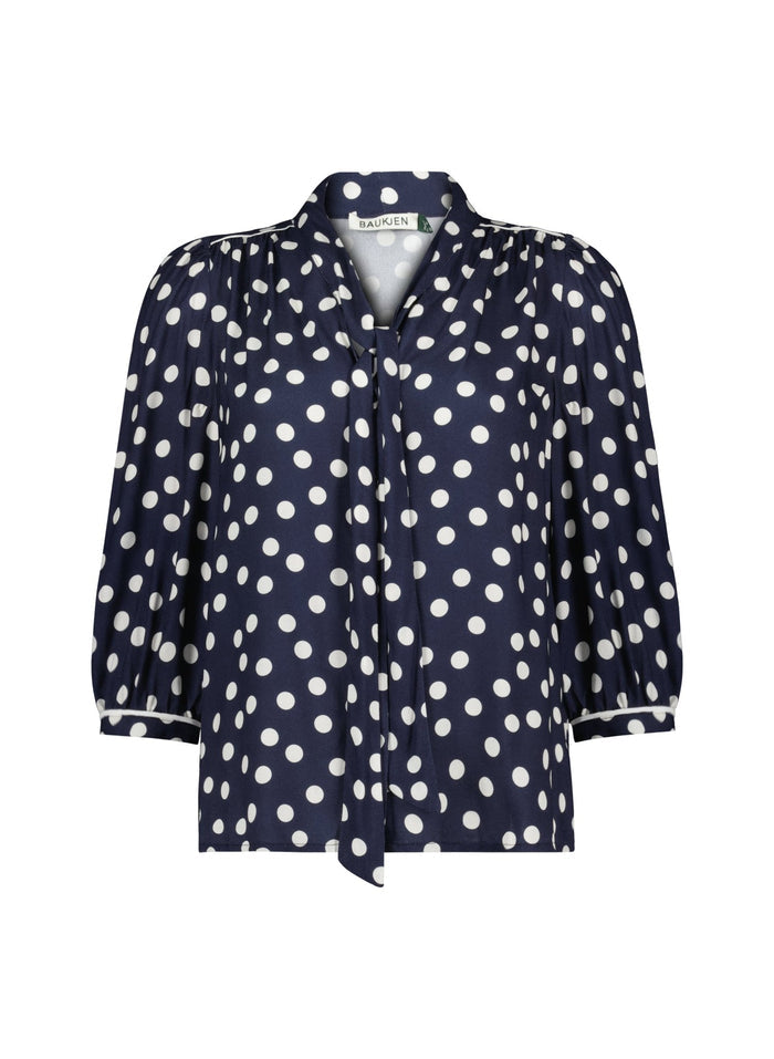 Amalie Printed Tie Neck Blouse - Navy Mini Polka Baukjen