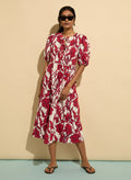 Amelie Organic Cotton Tie Midi Dress - Crimson Dahlia Baukjen