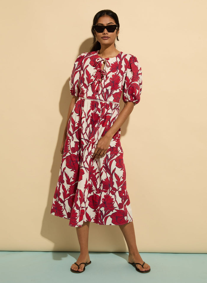 Amelie Organic Cotton Tie Midi Dress - Crimson Dahlia Baukjen