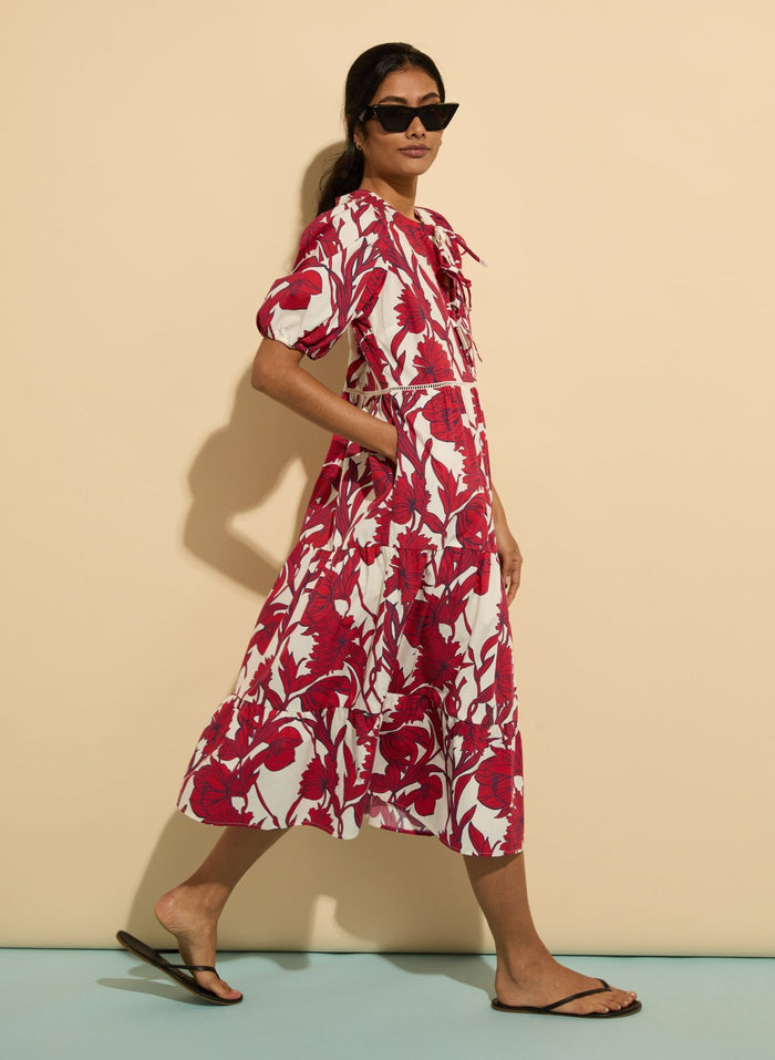 Amelie Organic Cotton Tie Midi Dress - Crimson Dahlia Baukjen