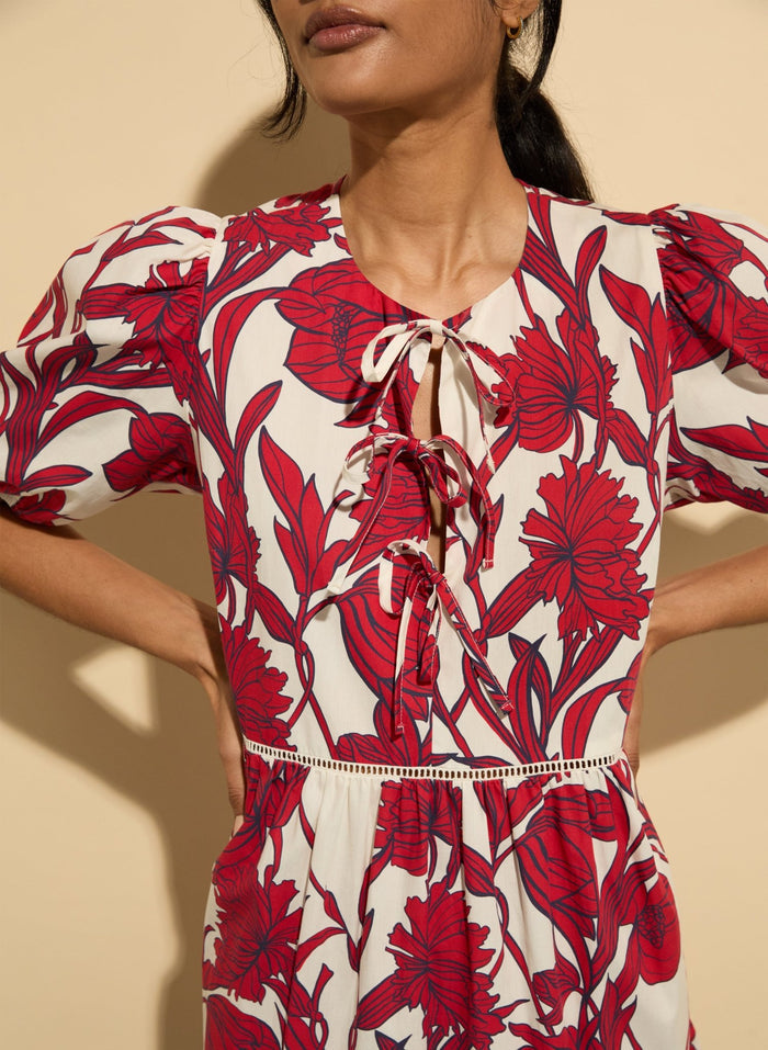 Amelie Organic Cotton Tie Midi Dress - Crimson Dahlia Baukjen