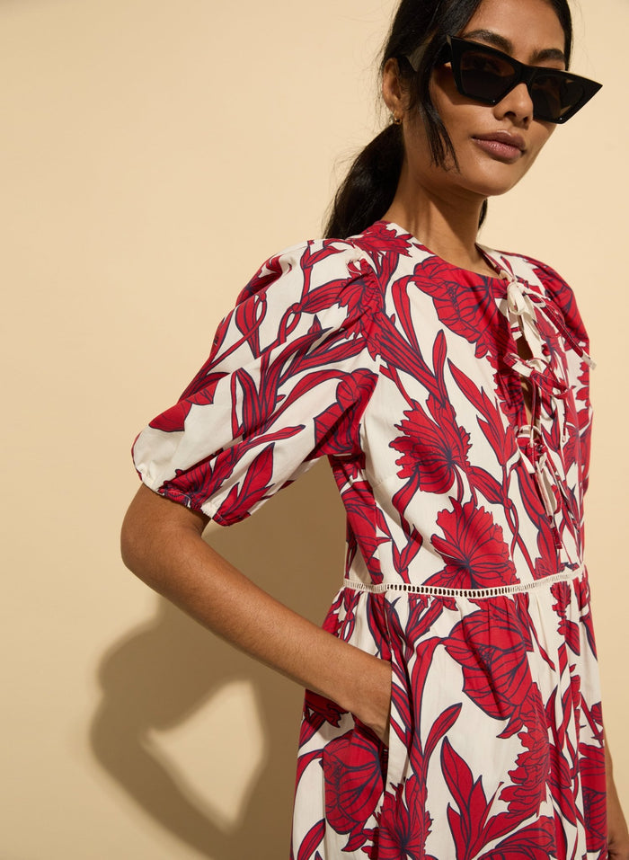 Amelie Organic Cotton Tie Midi Dress - Crimson Dahlia Baukjen