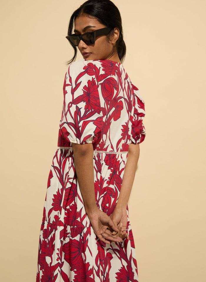 Amelie Organic Cotton Tie Midi Dress - Crimson Dahlia Baukjen