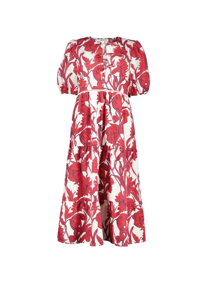 Amelie Organic Cotton Tie Midi Dress - Crimson Dahlia Baukjen