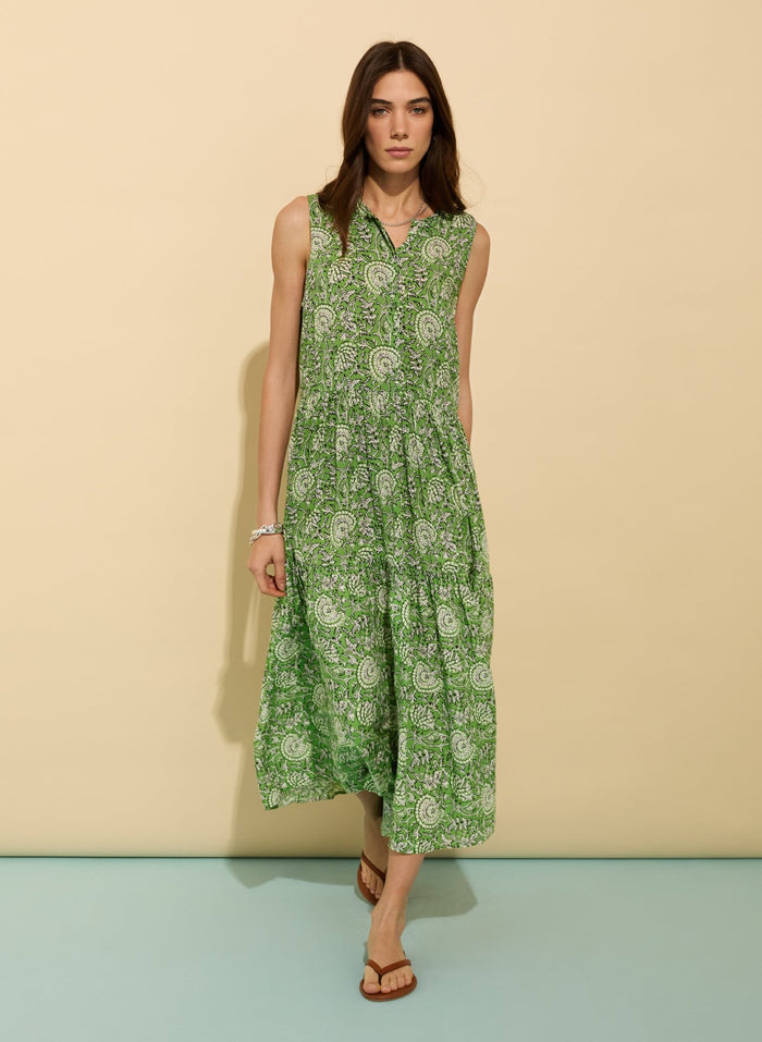 Annmarie Sleeveless Printed Dress - Green Woodblock Floral Baukjen