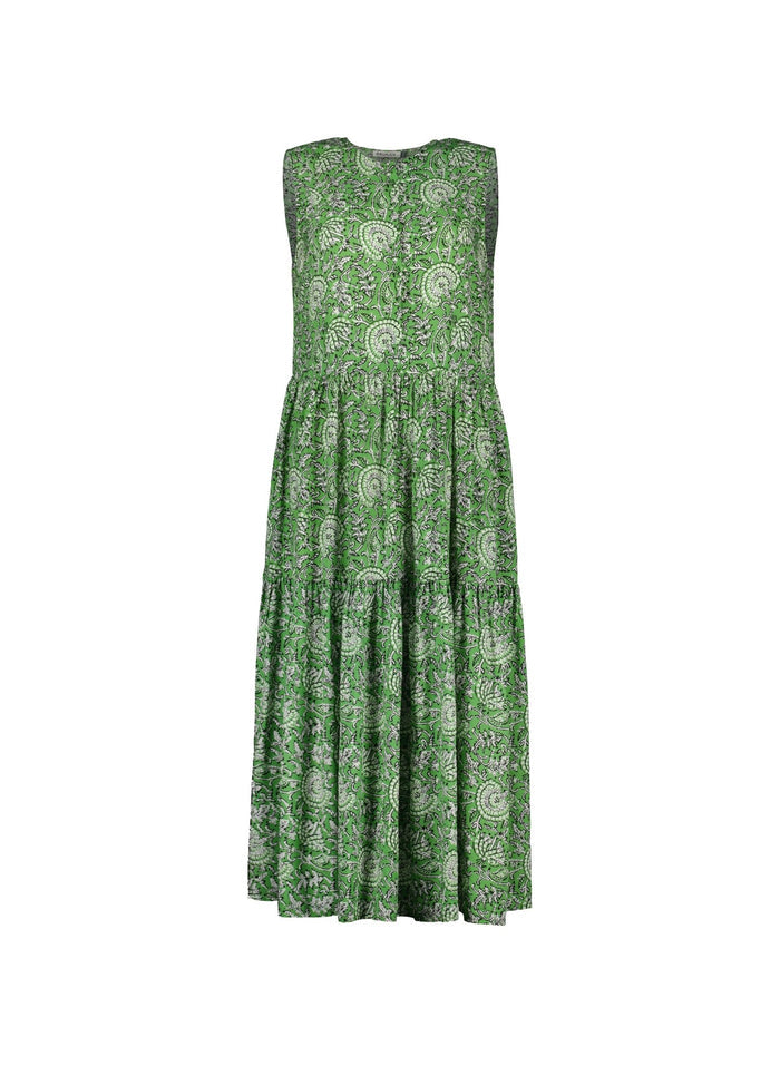 Annmarie Sleeveless Printed Dress - Green Woodblock Floral Baukjen