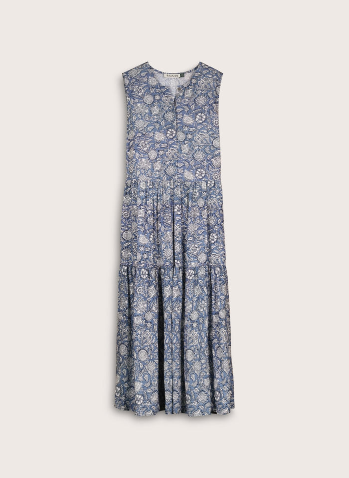 Annmarie Sleeveless Printed Dress - Denim Woodblock Print Baukjen