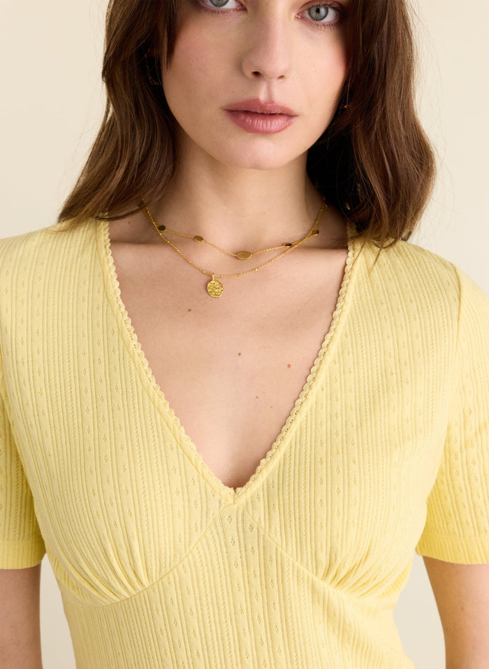 Antoinette Organic Pretty Rib V - Neck Top - Butter Yellow Baukjen