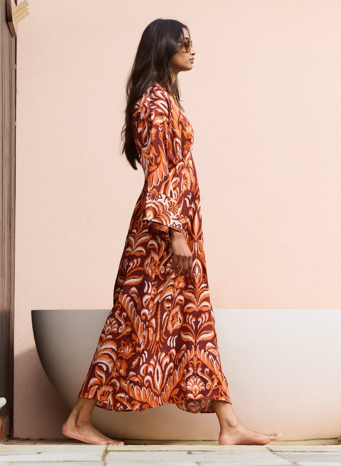 Ariadne Printed Kaftan Dress - Burgundy Palm Mirror Baukjen