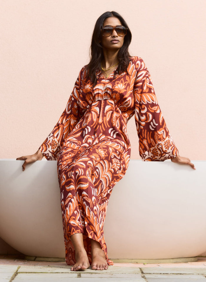 Ariadne Printed Kaftan Dress - Burgundy Palm Mirror Baukjen