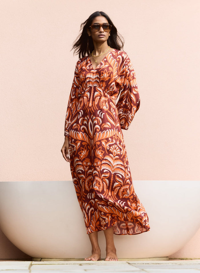 Ariadne Printed Kaftan Dress - Burgundy Palm Mirror Baukjen