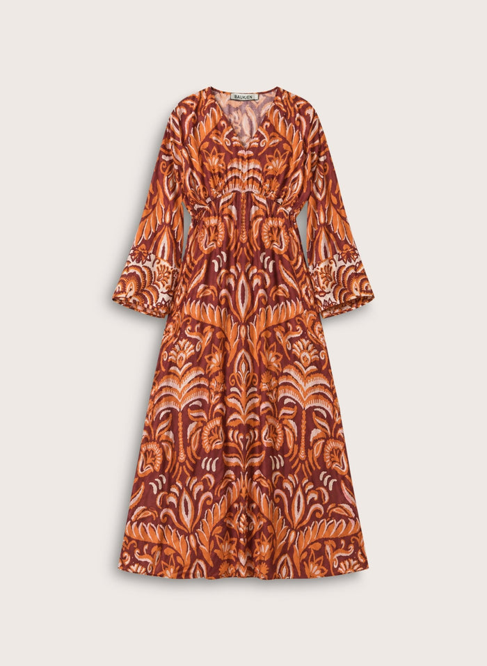Ariadne Printed Kaftan Dress - Burgundy Palm Mirror Baukjen