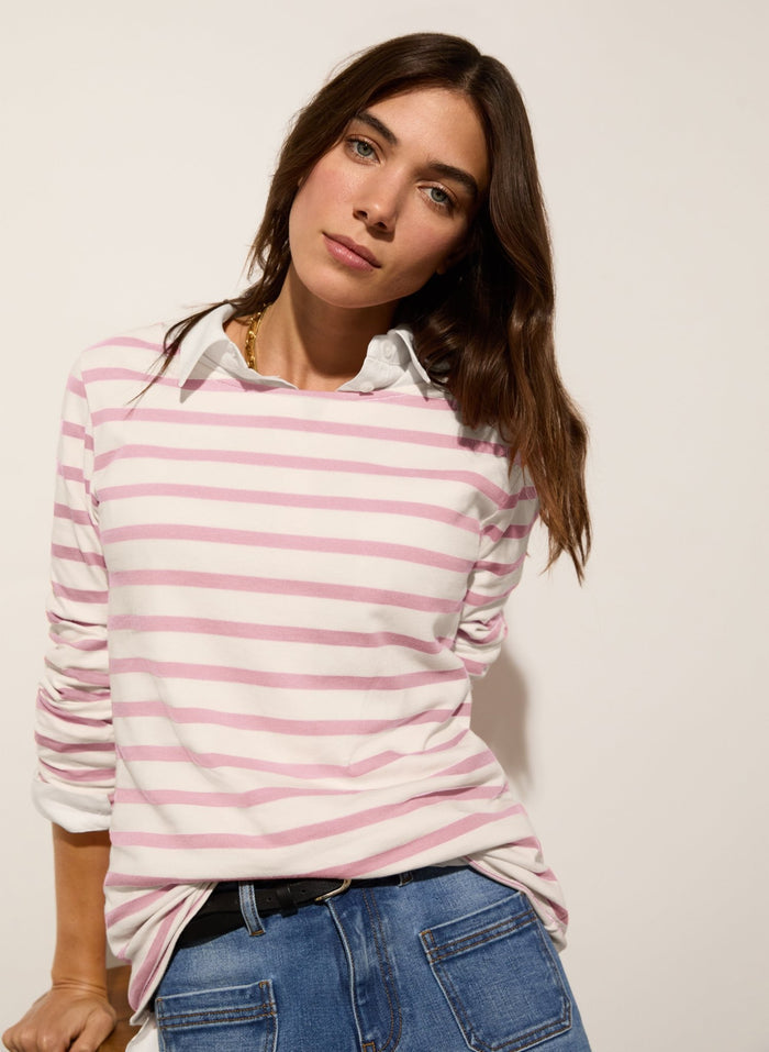 Ashley Organic Cotton Top - Soft White & Blossom Stripe Baukjen
