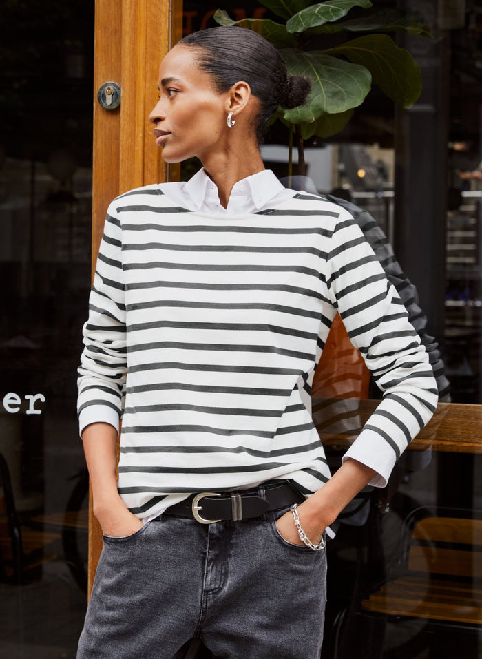 Ashley Organic Cotton Top - Soft White & Grey Stripe Baukjen