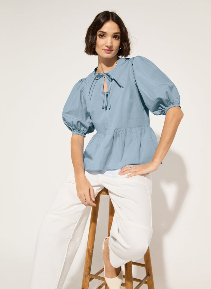 Azura Organic Cotton Tie Detail Blouse - Fresh Blue Baukjen