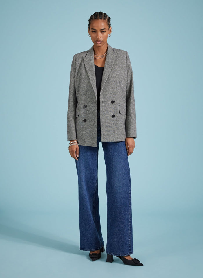 Beatrix Recycled Wool Blend Blazer - Black & White Houndstooth Baukjen