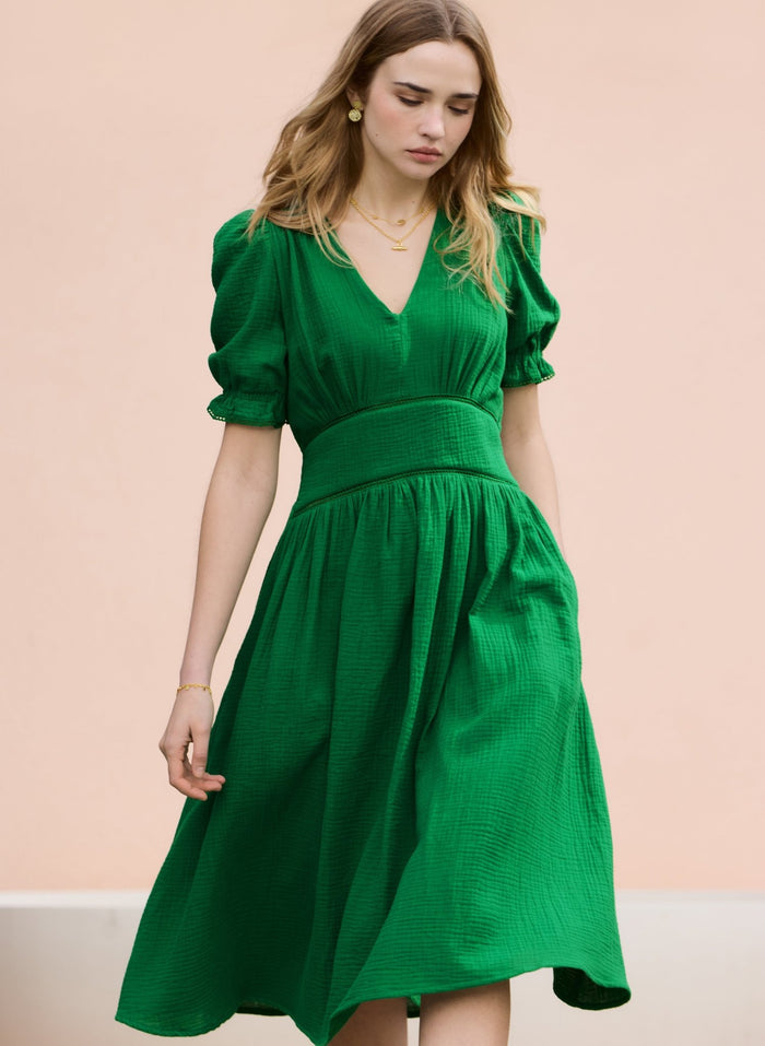 Bella Organic Cheesecloth Midi Dress - Bright Emerald Baukjen
