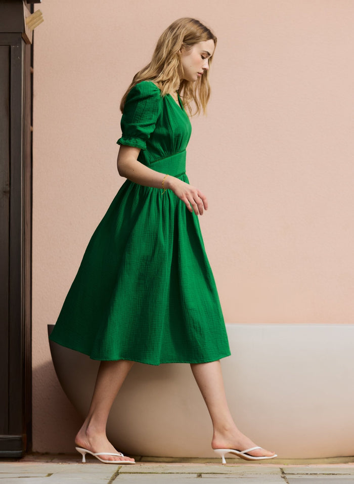 Bella Organic Cheesecloth Midi Dress - Bright Emerald Baukjen