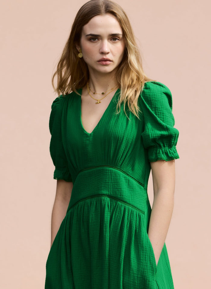 Bella Organic Cheesecloth Midi Dress - Bright Emerald Baukjen