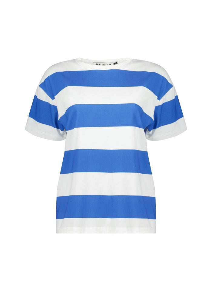 Beryl Regenerative Cotton Tee - Pure White & Azure Blue Stripe Baukjen
