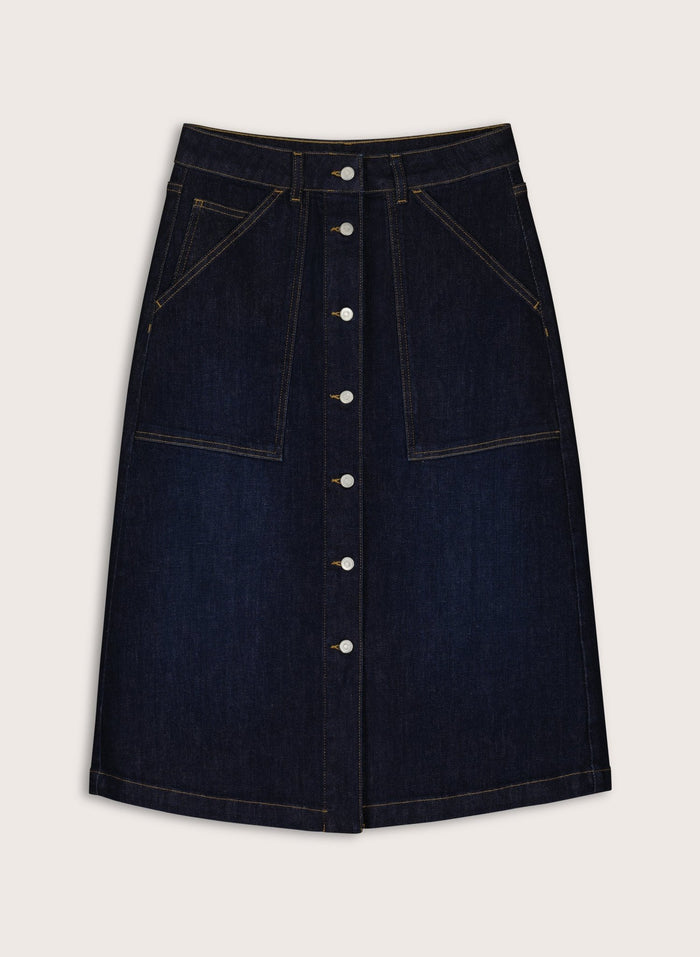 Bobbie Organic Cotton Stretch Denim Midi Skirt - Dark Indigo Baukjen
