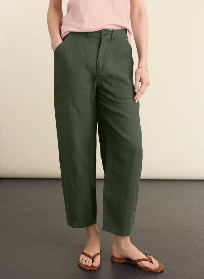 Brett Linen Barrel Leg Trousers - Deep Khaki Baukjen