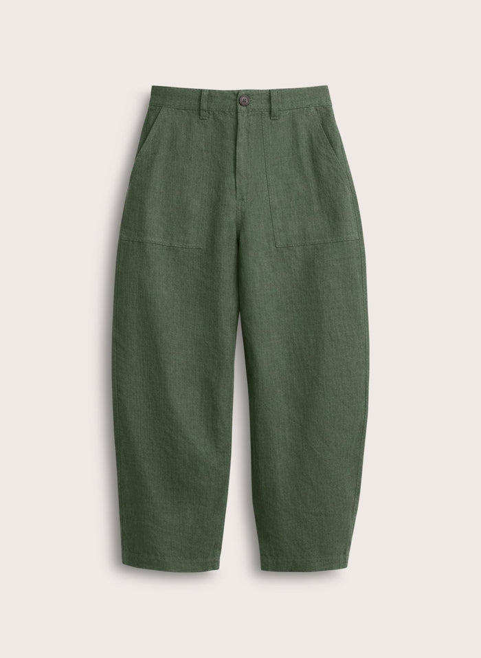 Brett Linen Barrel Leg Trousers - Deep Khaki Baukjen