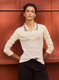 Cameron Organic Cotton Stripe Collar Top - Cream Baukjen