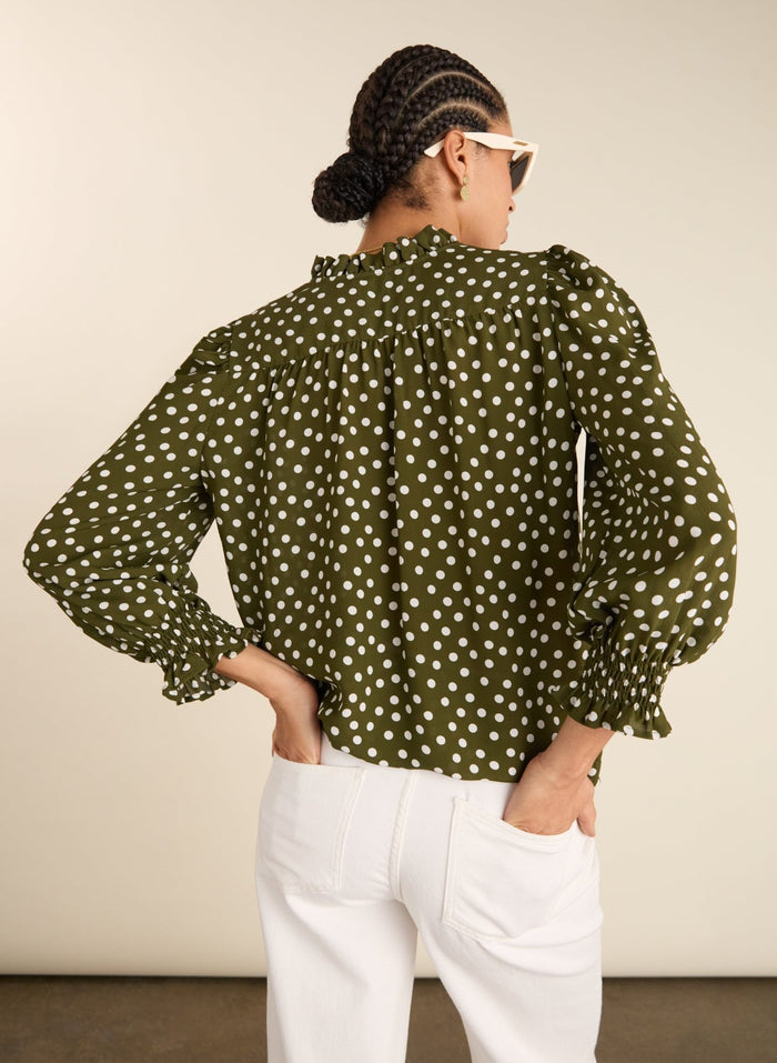 Cela Printed Blouse - Dark Olive Polka Baukjen