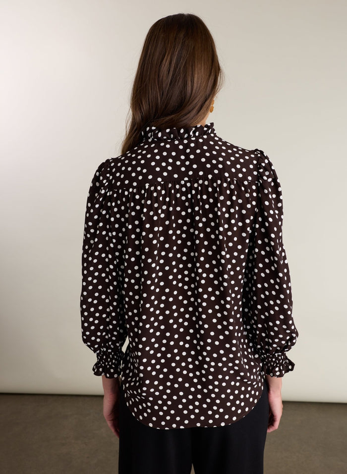 Cela Puff Sleeve Blouse - Dark Chocolate Polka Baukjen