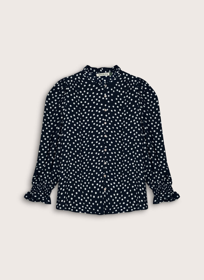 Cela Puff Sleeve Blouse - Classic Navy Polka Baukjen