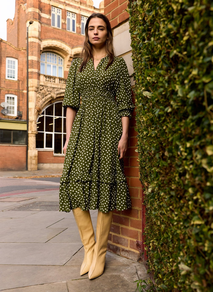 Christine Printed Midi Dress - Dark Olive Polka Baukjen