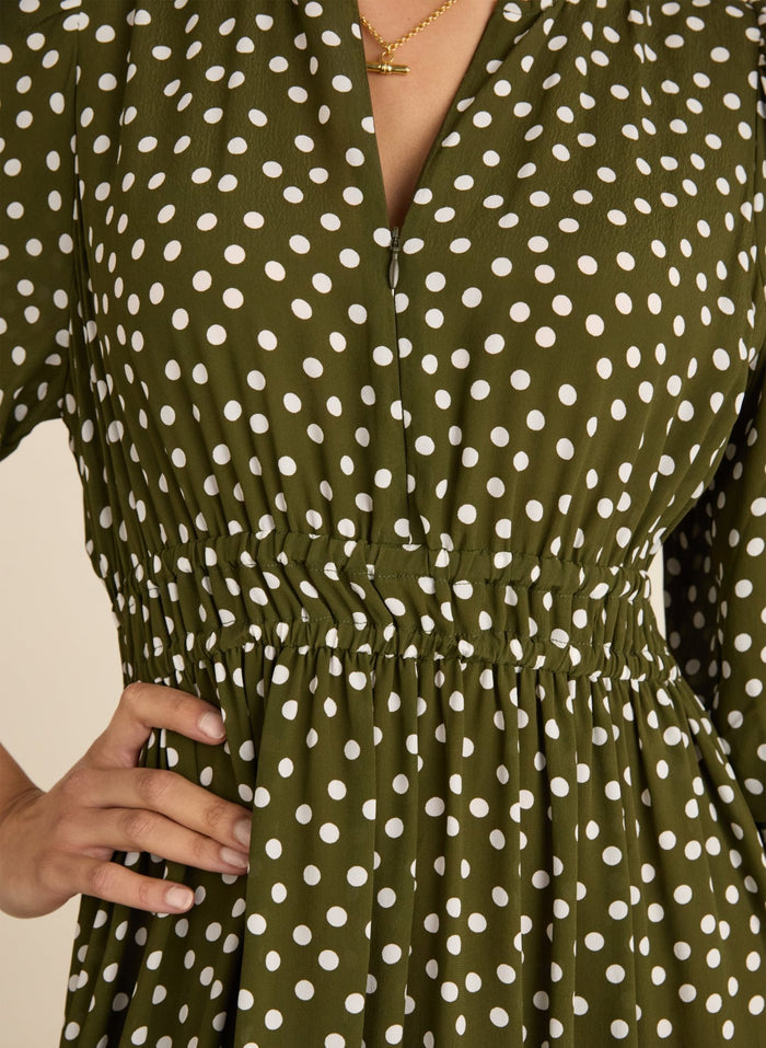 Christine Printed Midi Dress - Dark Olive Polka Baukjen