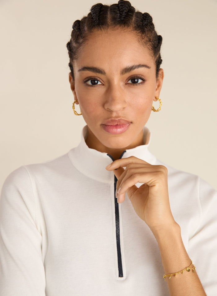 Clayton Organic Cotton Zip Turtleneck Top - Soft White Baukjen