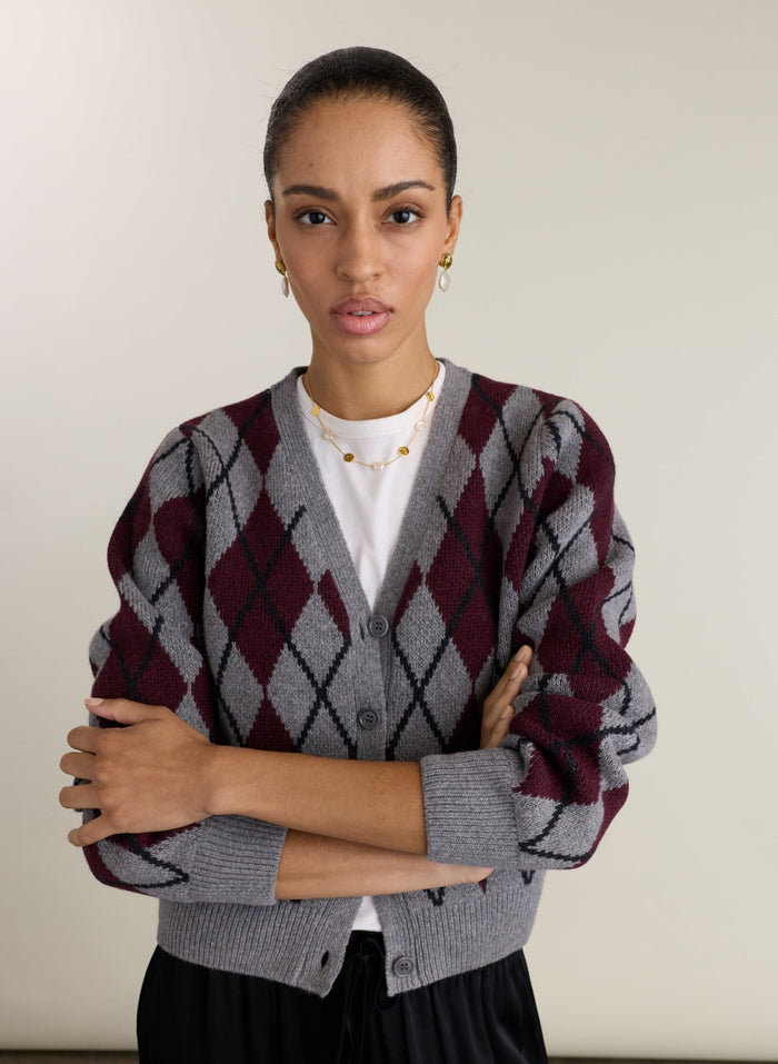 Clemence Wool Blend Argyle Cardigan - Grey & Burgundy Baukjen