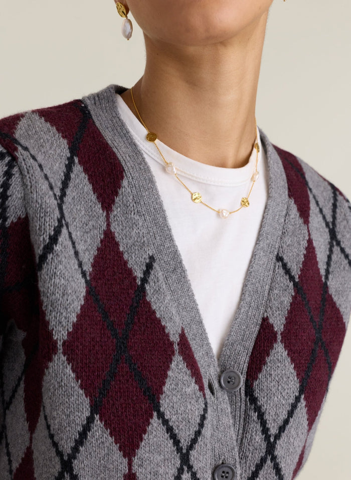 Clemence Wool Blend Argyle Cardigan - Grey & Burgundy Baukjen