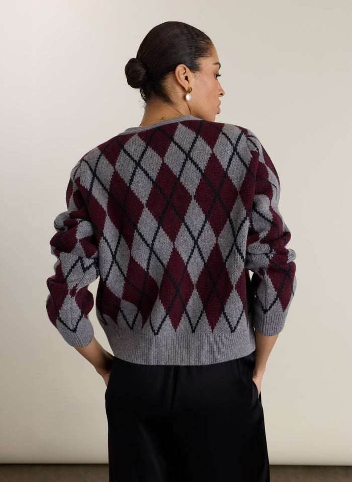 Clemence Wool Blend Argyle Cardigan - Grey & Burgundy Baukjen