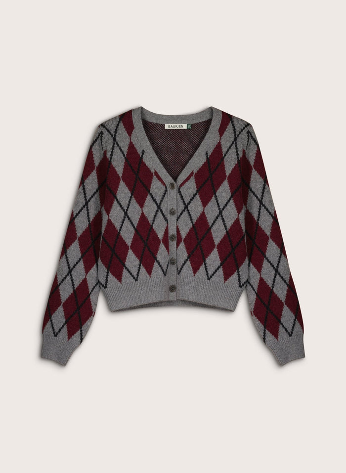 Clemence Wool Blend Argyle Cardigan - Grey & Burgundy Baukjen