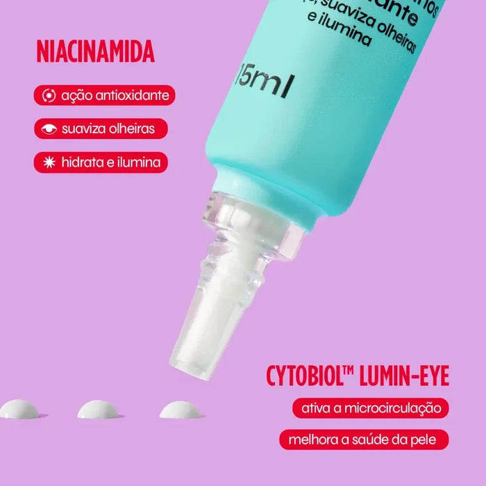 Creme para olhos antioxidante da Ollie, contendo niacinamida, que possui ação antioxidante, suaviza olheiras, hidrata e ilumina, e cytobiol lumin-eye, que ativa a microcirculação e melhora a saúde da pele.