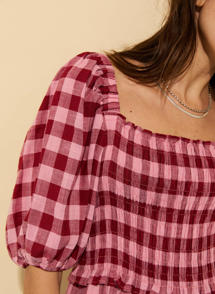 Davina Gingham Midi Dress - Pink & Burgundy Gingham Baukjen