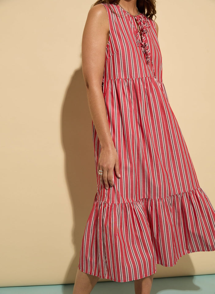 Devi Organic Cotton Tie Midi Dress - Crimson, Garnet & White Stripe Baukjen