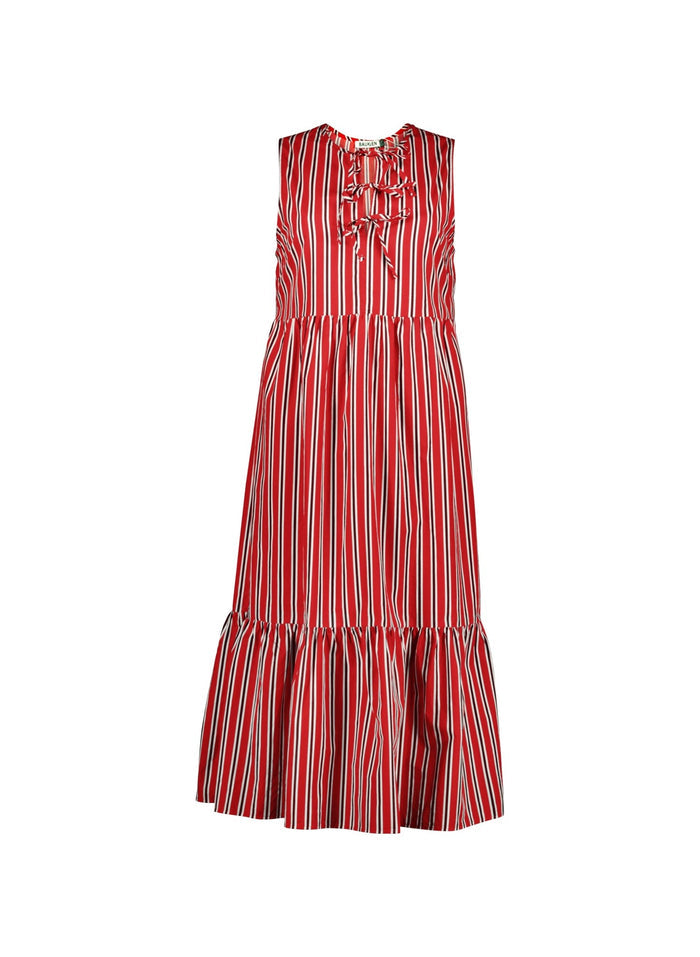 Devi Organic Cotton Tie Midi Dress - Crimson, Garnet & White Stripe Baukjen
