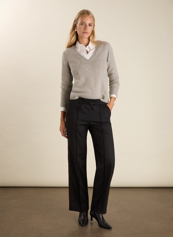 Donna Wool Blend Side Stripe Wide Leg Trousers - Caviar Black & Chocolate Baukjen