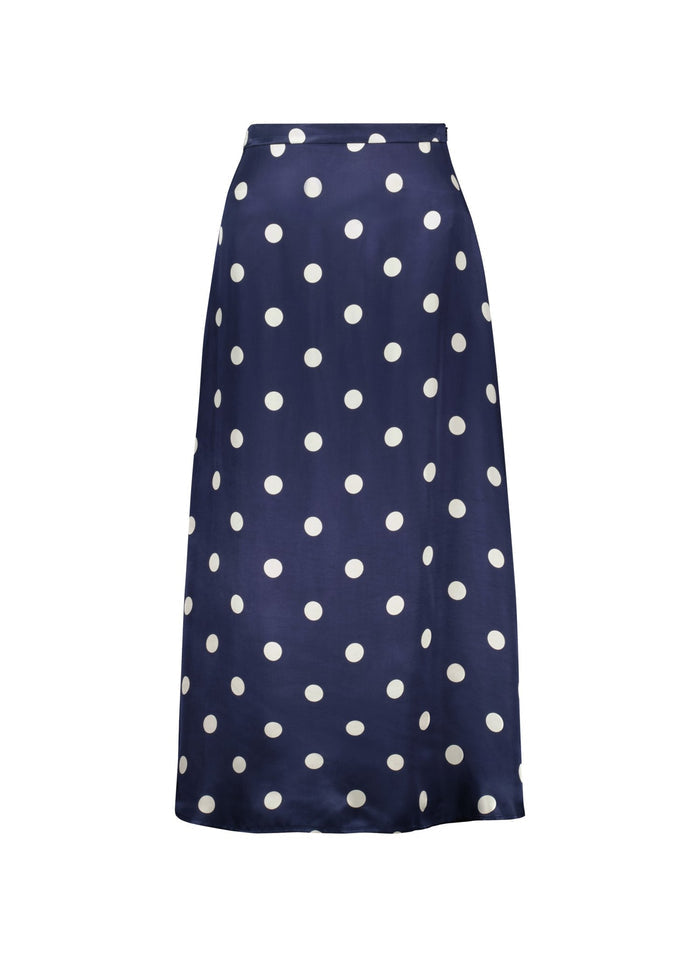Doris Satin Skirt - Navy Big Polka Baukjen