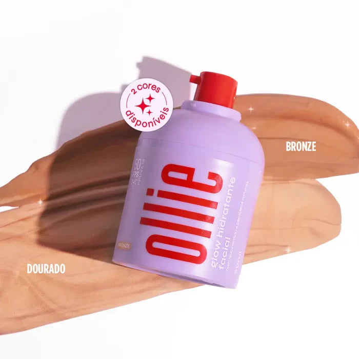 Embalagem de gllow hidratante facial FPS 50 da Ollie sob as duas variações do produto, bronze e dourado.