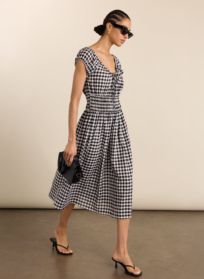 Emily Linen Gingham Midi Dress - Black & White Gingham Baukjen