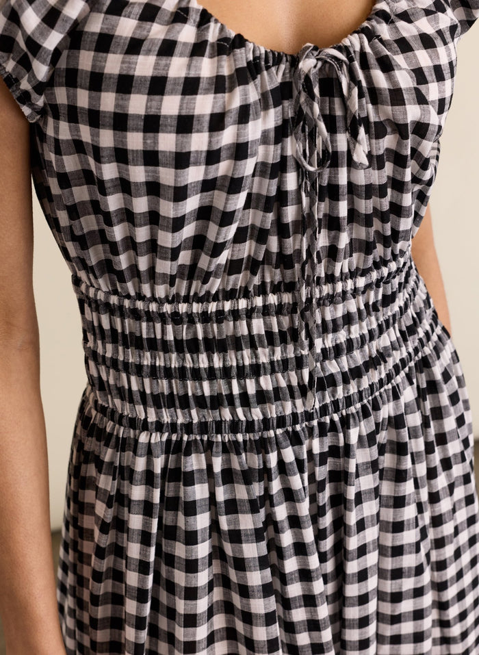 Emily Linen Gingham Midi Dress - Black & White Gingham Baukjen